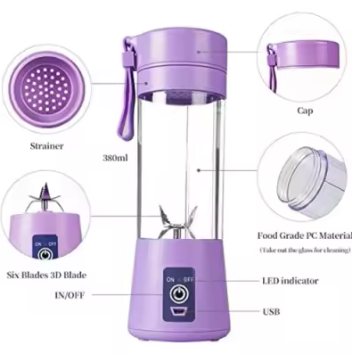 USB Rechargeable Juicer Blender 6 Blades Electric Blender Mini Portable Personal Size USB Rechargeable Mixer 380ml Food Grade Water Bottle Portable Fruit Juicer Machine (Double Click Start) By Bee To Door