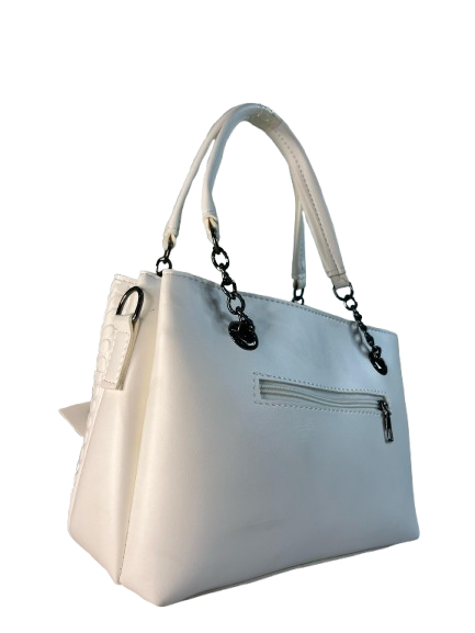 Chic White Textured Tote with Chain Detail and Floral Accent