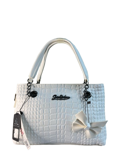 Chic White Textured Tote with Chain Detail and Floral Accent