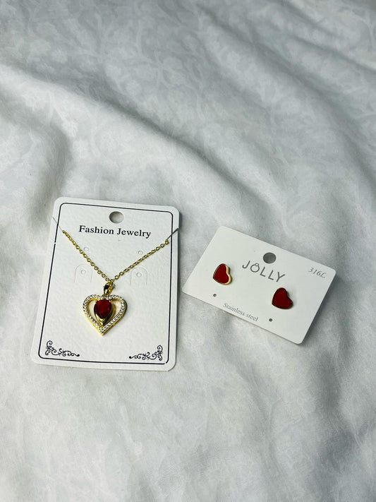 Romantic Heart Pendant Necklace & Stud Earrings Set – Gold Plated with Red Accents