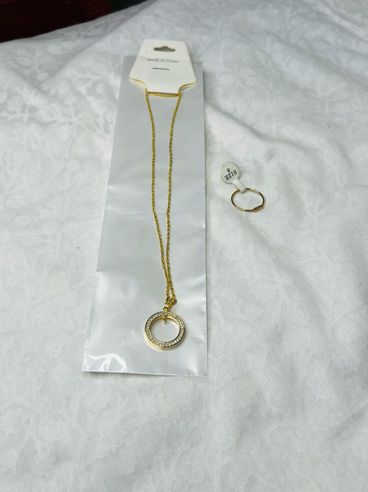 Minimalist Gold-Tone Circle Pendant Necklace & Adjustable Ring Set