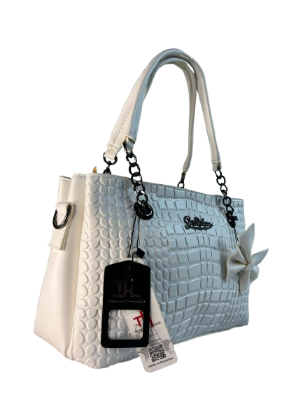 Chic White Textured Tote with Chain Detail and Floral Accent
